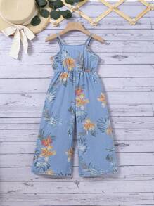 SHEIN Young Girl Blue Denim Effect Jumpsuit With Floral Pattern - Light Wash - View 1