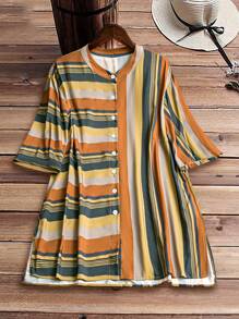 Rusticease Plus Size Women's Yellow Striped Shirt, Summer - Yellow - View 3