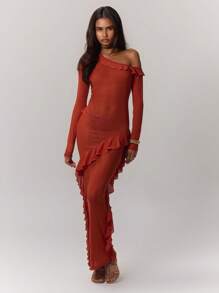 MUSERA Mesh Frill Detail Maxi Dress, For Wedding Guest, Summer, Elegant - Coral Orange - View 3