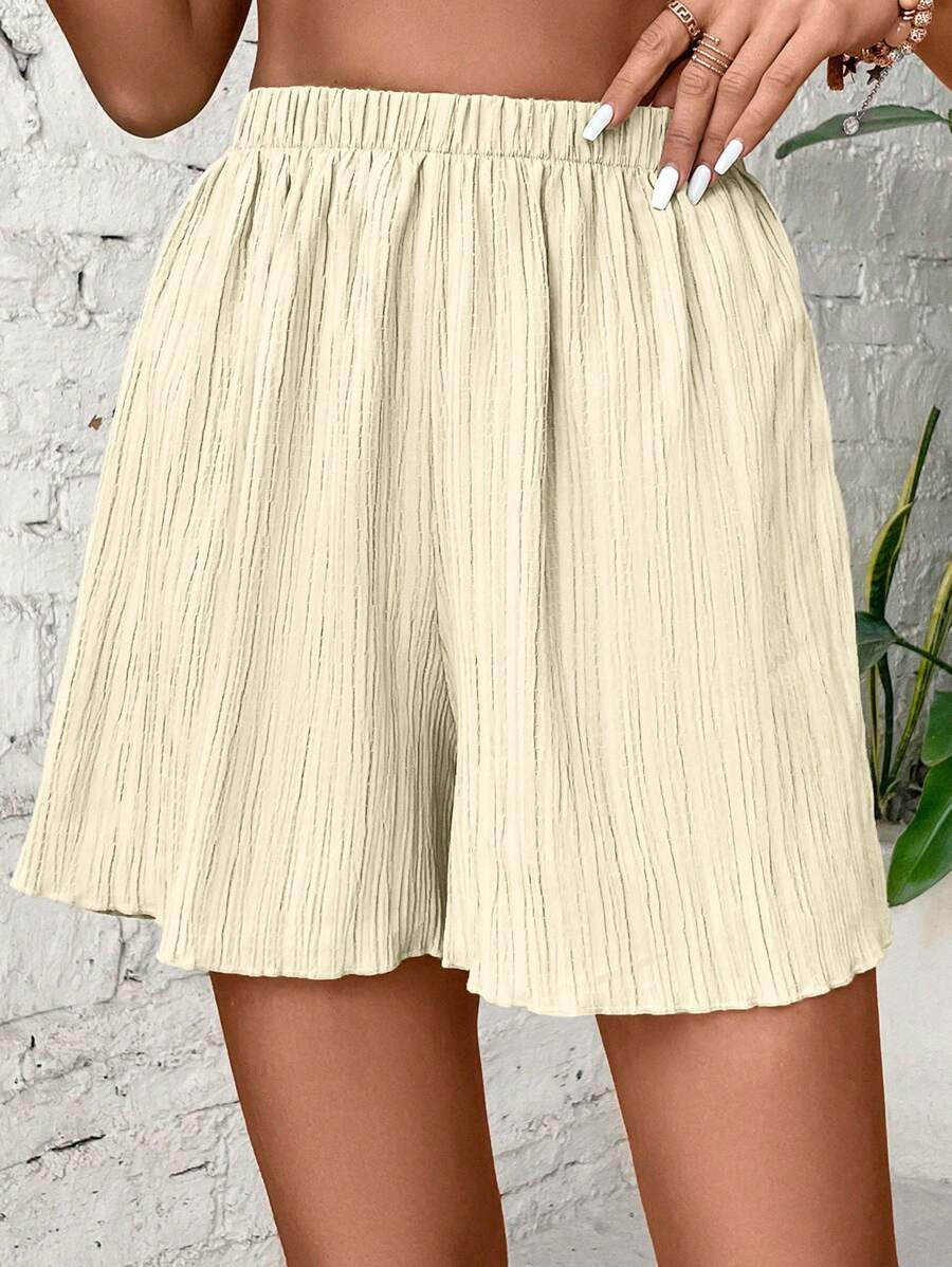 SHEIN VCAY Quần short màu trơn kết cấu giản dị mùa hè - Màu be - Xem 1