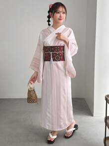 FRIFUL Japanese Style Striped & Printed Yukata With Woven Obi Belt And Tassel Waistband Set, Upgraded Version