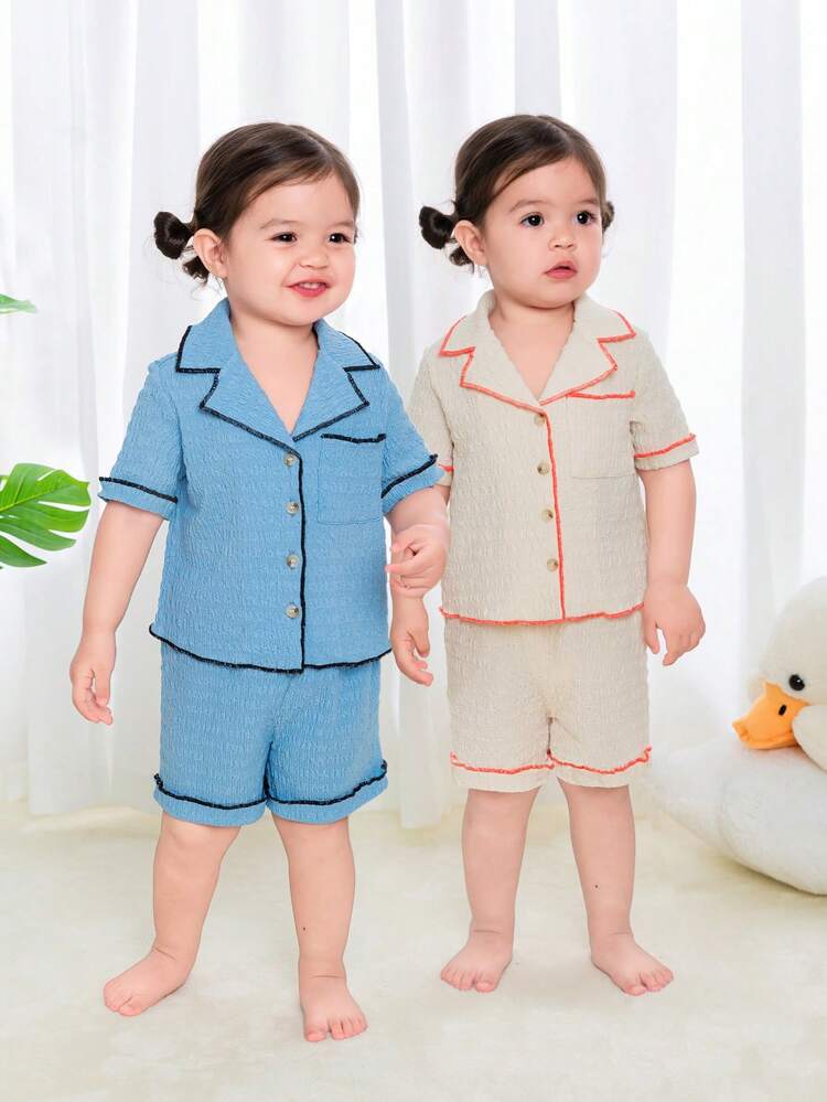 Baby Girl 4pcs Casual Color Block Texture Short Sleeve Cardigan & Elastic Waist Shorts Home Wear Set