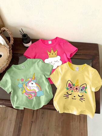 Young Girl Summer Casual Cartoon Printed Short Sleeve T-Shirt Summer Holiday