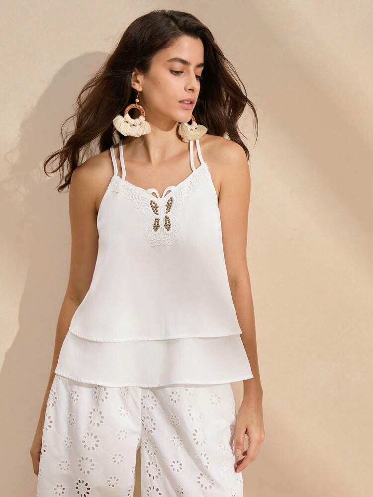 Women's Summer Splice Lace Double Layered Ruffle Hem Camisole