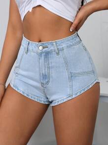 SHEIN Essnce Women's Sexy Summer Solid Color Buttoned Denim Shorts Hot Pants - Light Wash - View 6