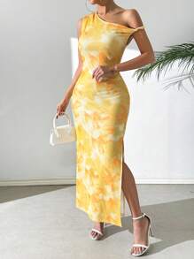 Chiquease Váy hở vai nữ in họa tiết xẻ cao và phối lưới - Màu vàng - Xem 1