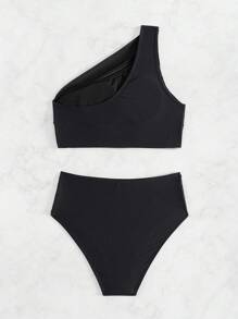 SHEIN Swim Women's Solid Color One-Shoulder Ruched Sexy Bikini Set For Vacation, With Separated Bikini Set Summer Beach - Black - View 4