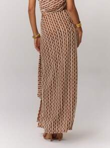 MUSERA 纹理条纹系带侧边长裙 波西米亚风 夏季可爱派对度假 - 棕色 - 查看 2