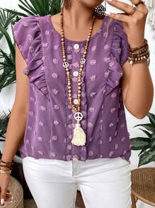 EMERY ROSE Plus Size Round Neck Ruffle Trim Casual Summer Shirt - Purple - View 4