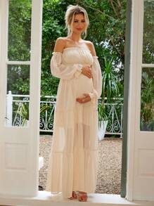 Joyfunear Pregnant Women's Solid Color Dress With Split To Thigh And Frilled Hem, Elegant Summer Dress For Maternity With Long Sleeve, For Party - Apricot - View 6