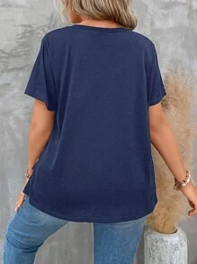 SHEIN LUNE Plus Size Women's Solid Color V-Neck Short Sleeve Pleated Casual T-Shirt, Summer - Navy Blue - View 2