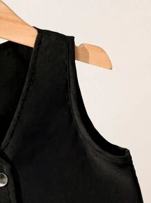 SHEIN 年輕女孩休閒通勤V領上衣和褶皺裙套裝，配有頸後扣環 - 黑色 - 查看 8