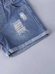 SHEIN Young Boy Summer Casual Letter Printed Short Sleeve T-Shirt And Distressed Denim Shorts Set - Black - View 5