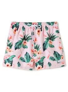 Manfinity Men Vacation Style Loose Fit Tree Leaf Printed Summer Beach Shorts - Dusty Pink - View 1