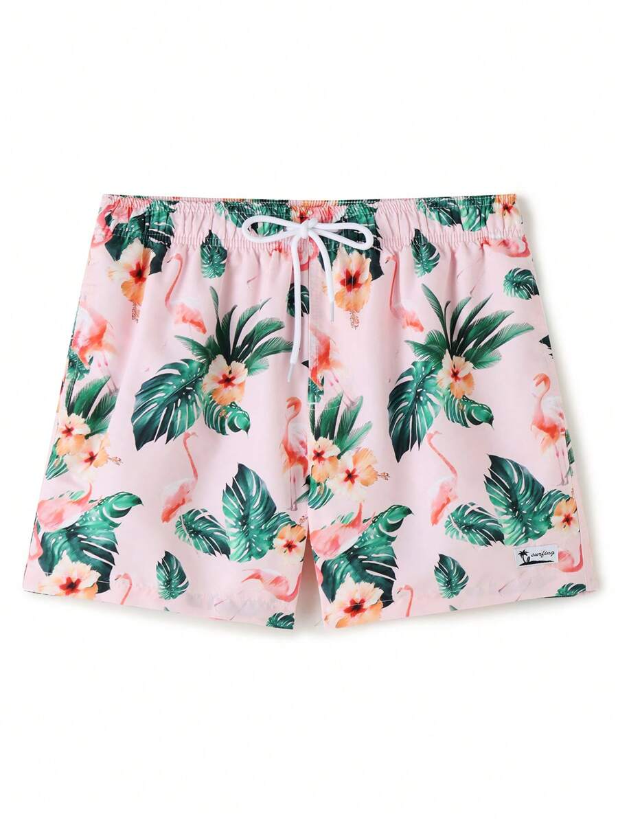 Manfinity Men Vacation Style Loose Fit Tree Leaf Printed Summer Beach Shorts - Dusty Pink - View 1