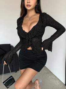 DAZY Damen Einfarbiges Spitzen-Trompetenärmel-Top für Ausgehen, Festivals, Sommer, Rüschen, Rückkehr zur Schule, Langarm Damen Tops, Valentinstag - Schwarz - Übersicht 5