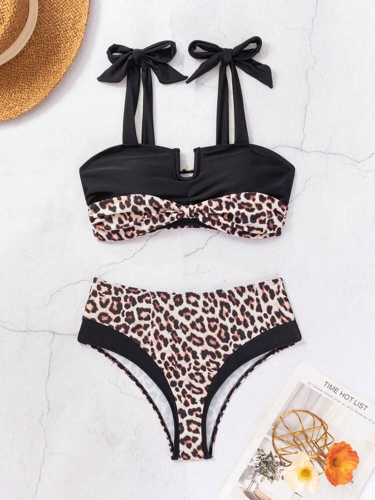 Women's Leopard Print Splice Bikini Set With Twist Front Detail, 2pcs/Set, For Vacation Summer