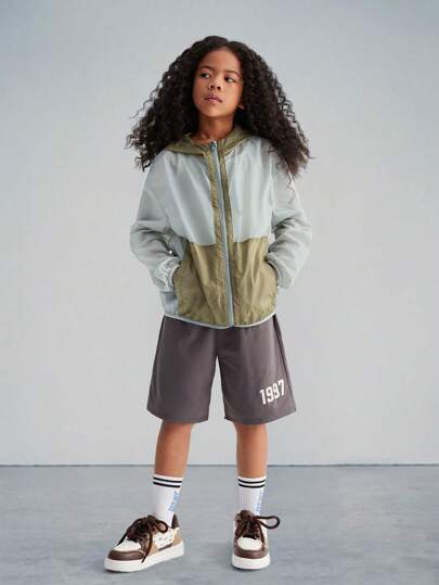 SHEIN Tween Girl Woven Colorblock Casual Hooded Jacket With Pockets