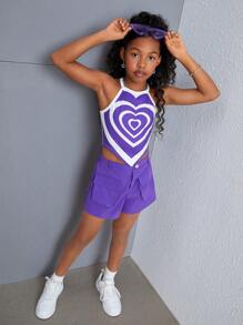 SHEIN Conjunto de tank top y shorts rectos de punto para niña preadolescente con estilo urbano y fresco, primavera/verano