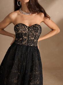 Anewsta Đầm dài đến giữa bắp chân thanh lịch dành cho nữ, dáng suông, xếp ly, lưng lưới, ngực, eo, viền xòe - màu đen - Xem 3