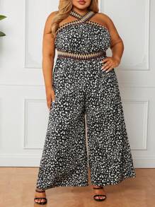SHEIN CURVE+ Plus Size Leopard Print Splice Woven Tape Beach Jumpsuit With V Neckline And Cinched Waist - Black - View 6