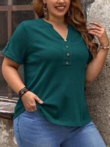 EMERY ROSE 大码纯色缺口领卷袖 T 恤 - 墨綠色 - 查看 1