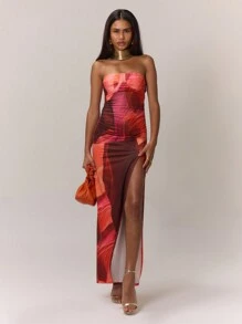 MUSERA Abstract Print Ruched Bust Maxi Dress Sexy Elegant Spring Summer Going Out Long Dress - Yellow - View 1