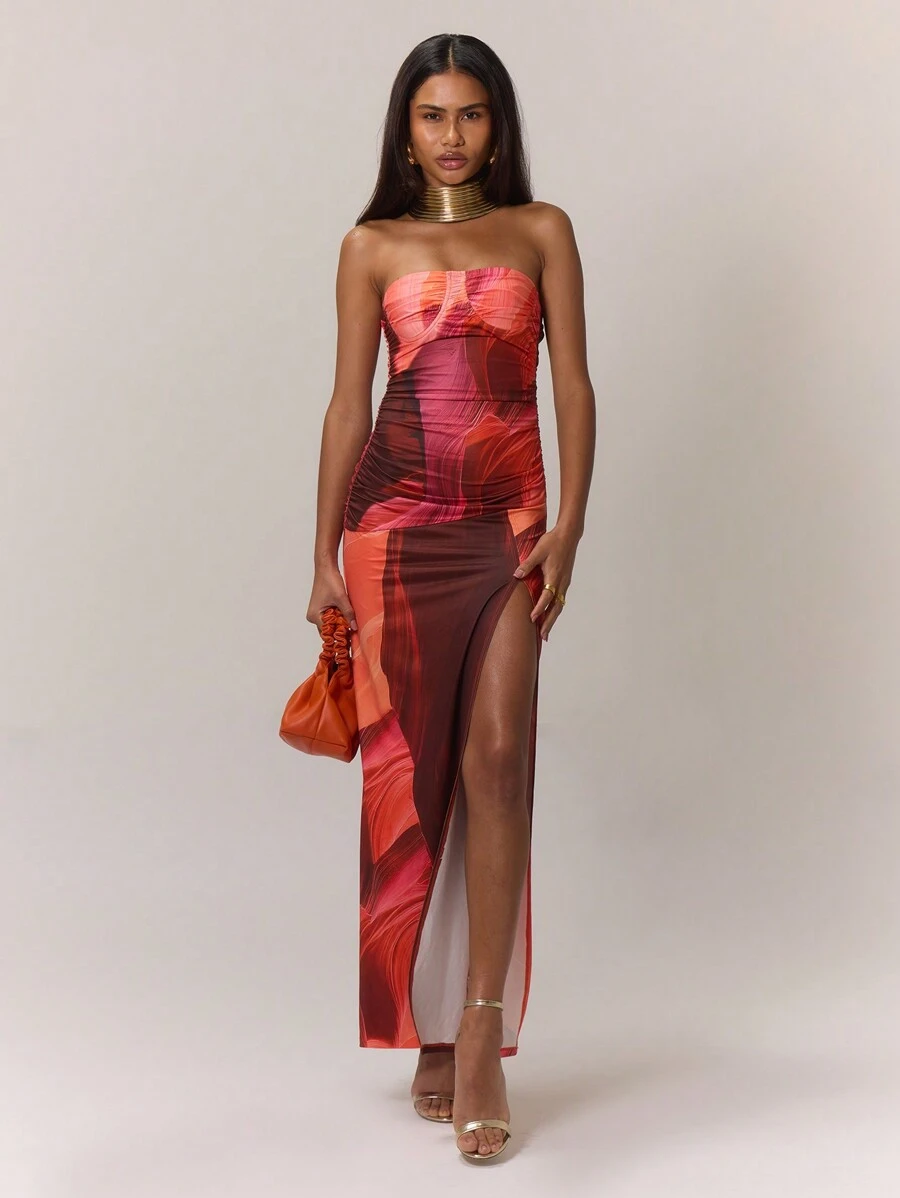 MUSERA Abstract Print Ruched Bust Maxi Dress Sexy Elegant Spring Summer Going Out Long Dress - Yellow - View 1