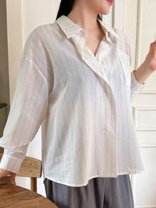 Dazy Petite Plus Plus Size Striped Drop Shoulder & Patchwork & Pocket Detail Shirt,Back To School Clothes Long Sleeve Top - Apricot - View 7