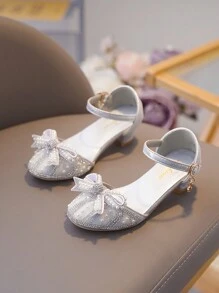 1pair Girls Princess Style Rhinestone Butterfly Decorated High Heel Sandals With Cute Bowknot Buckle, Suitable For Summer - Silver - View 5