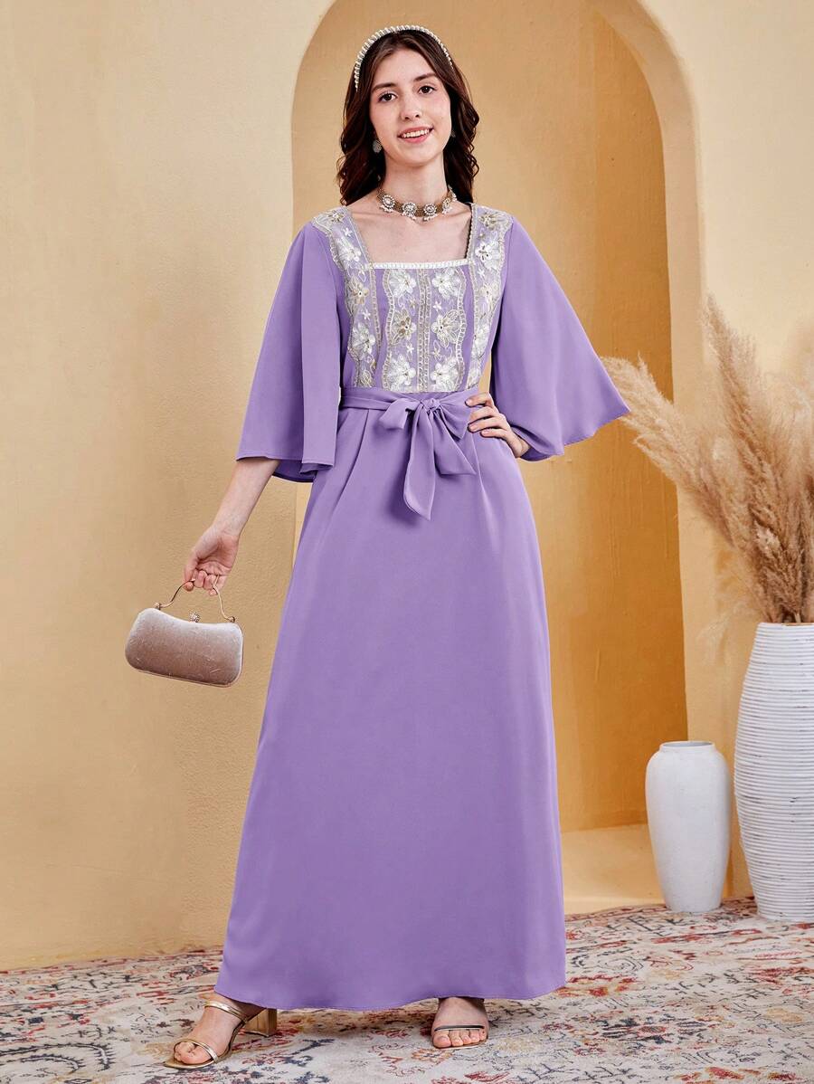 SHEIN Vestido casual de cuello cuadrado y encaje con remiendos tejidos para adolescente - Púrpura polvoriento - Ver 1