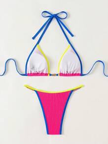 Slaydiva Damen Sommer Strand Bikini in Kontrastfarben mit Neon Detaillierungen, Halterneck und zum Binden, sexy Badeanzug Set - Heißes Pink - Übersicht 3