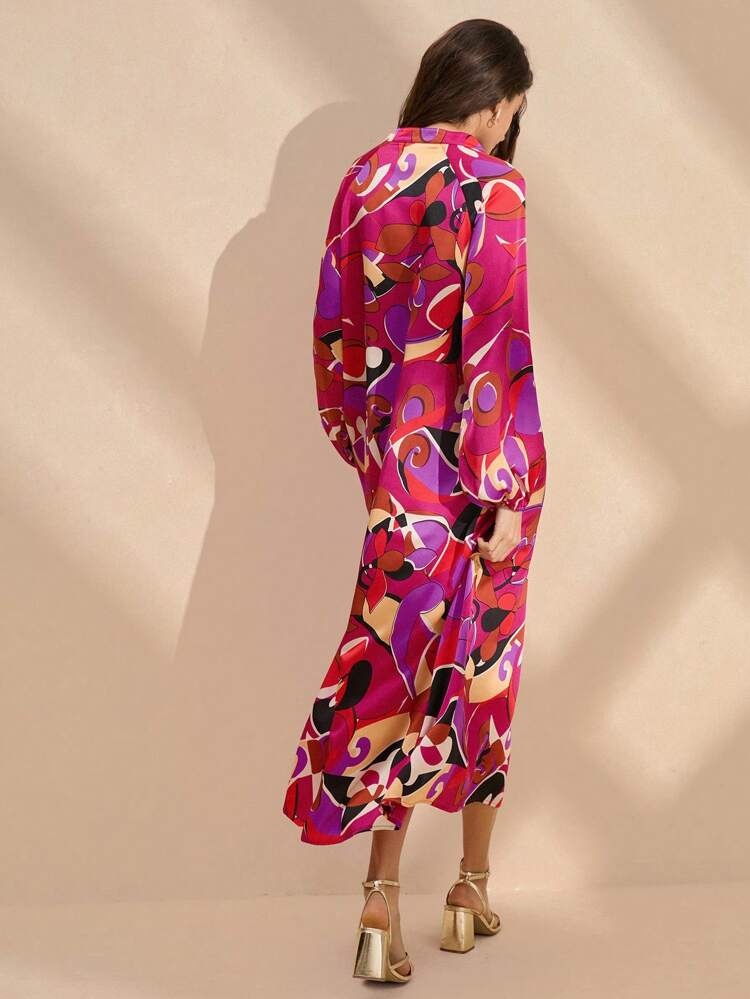 Women's Summer Casual Long Printed Lantern Sleeve Dress With V-Neckline