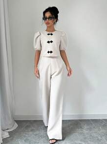 Selianne Women's Elegant Two-Piece Set: Round Neck Short Puff Sleeve Chinese Style Blouse And Pants, Summer - Apricot - View 3