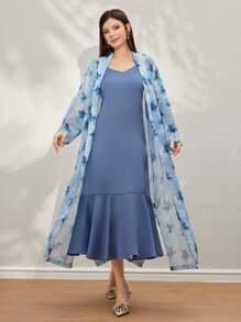 Modelyn Women's Elegant Spaghetti Strap Long Dress And Printed Cover Up 2-Piece Set, Summer Fall Cloth For Women - Blue - View 1