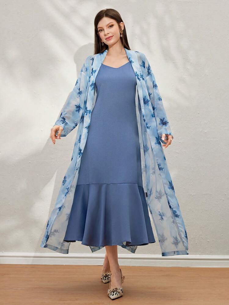 Women's Elegant Spaghetti Strap Long Dress And Printed Cover Up 2-Piece Set, Summer Fall Cloth For Women