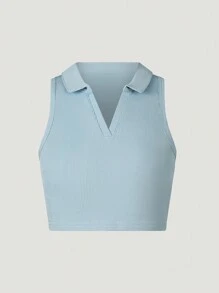 SHEIN Áo ba lỗ ngắn tay cổ polo thể thao màu xanh dành cho bé gái tuổi teen, Áo khoác ngoài mùa hè dành cho bé gái tập yoga - Màu xanh lam - Xem 1