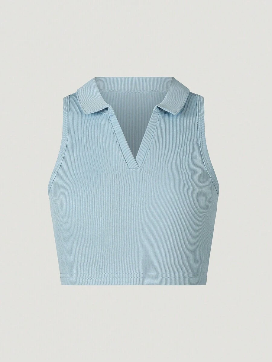 SHEIN Áo ba lỗ ngắn tay cổ polo thể thao màu xanh dành cho bé gái tuổi teen, Áo khoác ngoài mùa hè dành cho bé gái tập yoga - Màu xanh lam - Xem 1