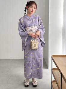 FRIFUL Japanese Style Elaborate Printed Yukata With Woven Jacquard Obi Belt And Fringed Belt Set, Upgraded Yukata