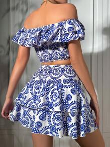 Breezaya Women's Vacation Off-Shoulder Plant Printed 2-Piece Set - Blue and White - View 2