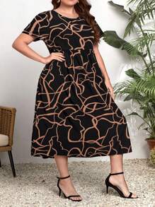 SHEIN CURVE+ Vestido midi asimétrico de talla grande con estampado de líneas - Multicolor - Ver 3