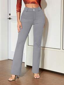 Apperloth A Elegant High Waist Double Button Slant Pocket Slim Flare Leg Pants Spring - Grey - View 5