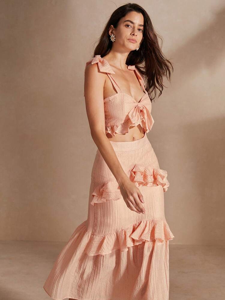Women's Elegant Spaghetti Strap Solid Color Ruffle Trim Cami Top And Skirt Set