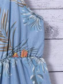 SHEIN Young Girl Blue Denim Effect Jumpsuit With Floral Pattern - Light Wash - View 6