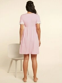 SHEIN Maternity V-Neck Short Sleeve Nursing Dress With Contrast Lace