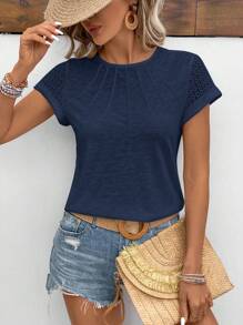 SHEIN Frenchy 女款夏季水果印花圆领蕾丝短袖休闲T恤，柠檬印花，黄色T恤，秋装，老钱风，教师装，时尚，返校服，夏季白色休闲刺绣T恤，小柠檬刺绣T恤，适合日常通勤度假居家装，女款短款露脐上衣T恤，带水果印花圆领 - 藏蓝色 - 查看 5