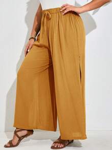 SHEIN Frenchy Ropa de festival del campo para mujer con talla grande, ropa de verano con pantalones de talle lateral liso y abertura - Amarillo - Ver 4