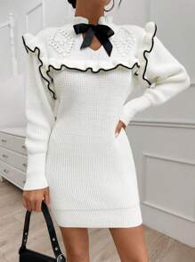 EURMUSE Women Frenchy Style Bow Detailed Knit Dress - Apricot - View 4