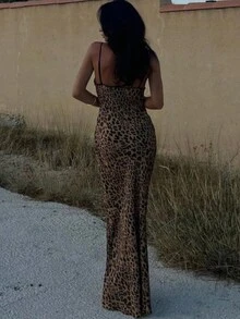Sleeveless Leopard Print Dress, Fashionable Halter Neck, Sexy Backless And Tie-Up Design - Brown - View 2