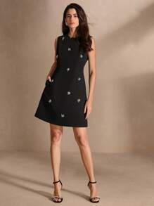 Anewsta Women's Elegant Sleeveless Dress With Arc Edges And Round Neckline Decorated With Rhinestones, Summer - Black - View 4